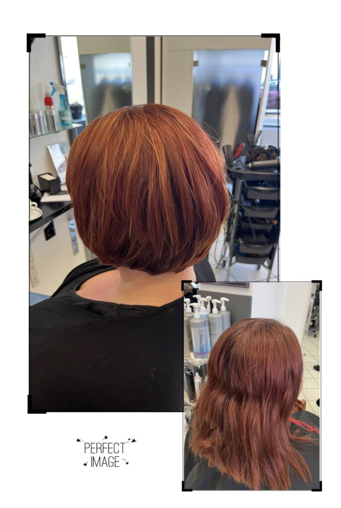 Frisch geschnittener kurzer Bob mit warmen Kupfertönen, von hinten, im Salon fotografiert